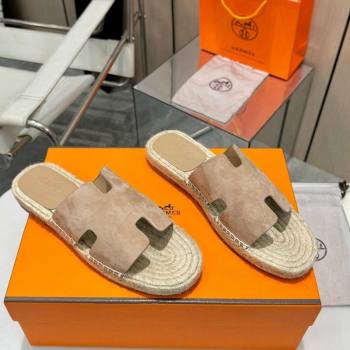 Hermes Izmir Espadrille Flat Slides Sandal in Suede Beige 2024 0815 (MD-240815067)