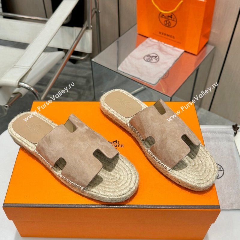 Hermes Izmir Espadrille Flat Slides Sandal in Suede Beige 2024 0815 (MD-240815067)