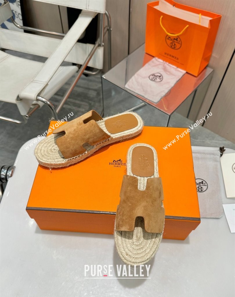 Hermes Izmir Espadrille Flat Slides Sandal in Suede Brown 2024 0815 (MD-240815068)