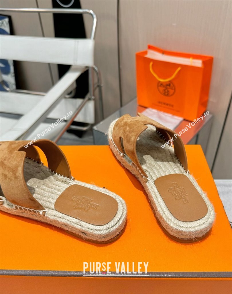 Hermes Izmir Espadrille Flat Slides Sandal in Suede Brown 2024 0815 (MD-240815068)