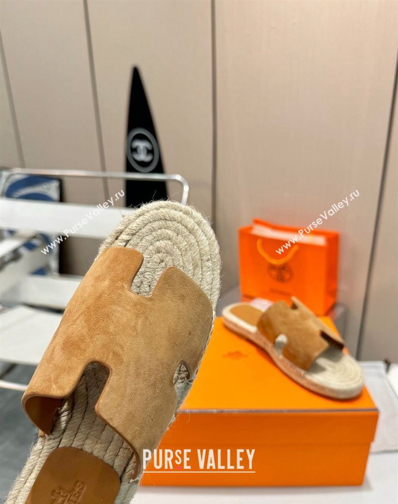 Hermes Izmir Espadrille Flat Slides Sandal in Suede Brown 2024 0815 (MD-240815068)