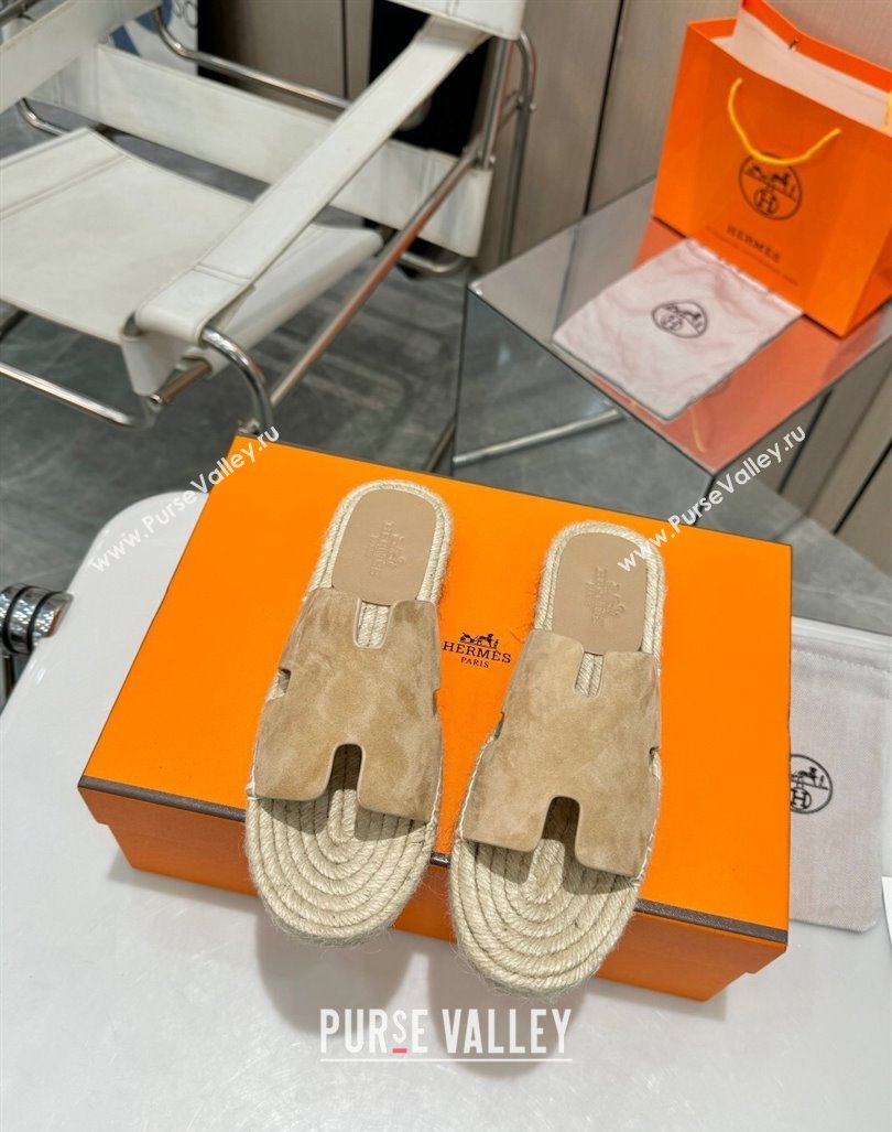 Hermes Izmir Espadrille Flat Slides Sandal in Suede Apricot 2024 0815 (MD-240815069)