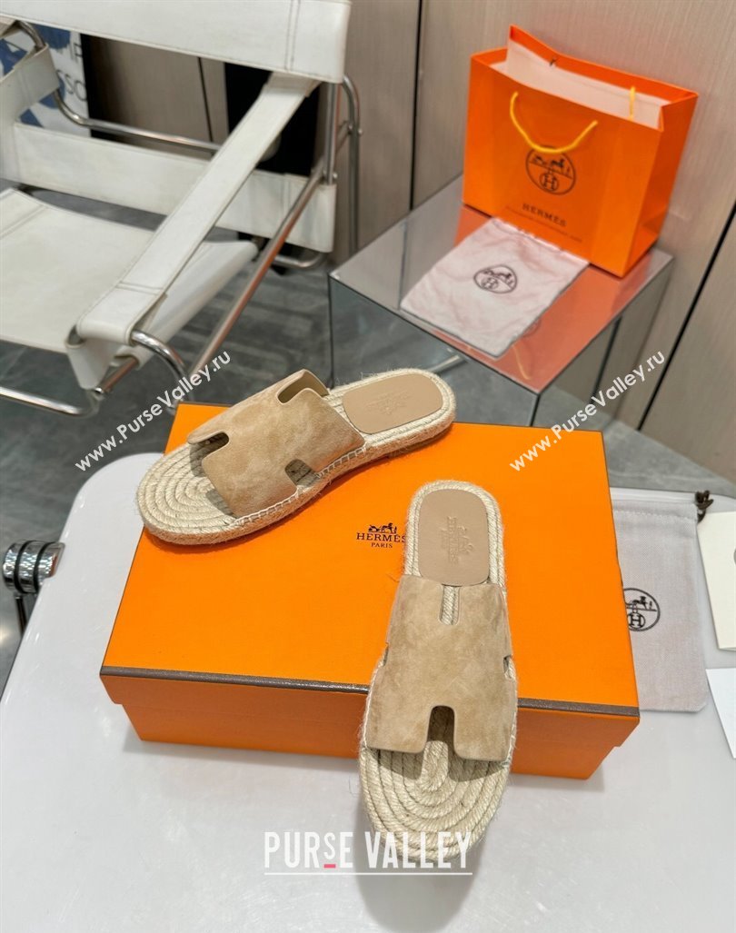 Hermes Izmir Espadrille Flat Slides Sandal in Suede Apricot 2024 0815 (MD-240815069)