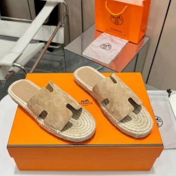 Hermes Izmir Espadrille Flat Slides Sandal in Suede Apricot 2024 0815 (MD-240815069)