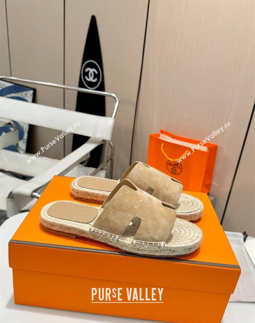 Hermes Izmir Espadrille Flat Slides Sandal in Suede Apricot 2024 0815 (MD-240815069)