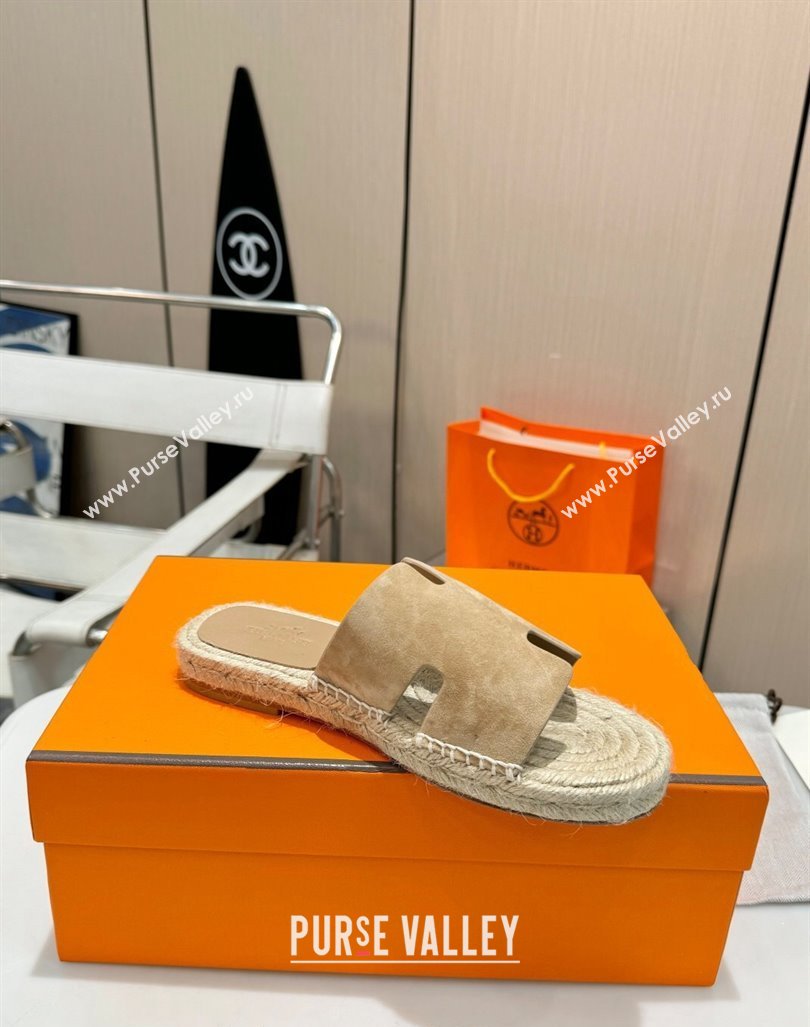 Hermes Izmir Espadrille Flat Slides Sandal in Suede Apricot 2024 0815 (MD-240815069)