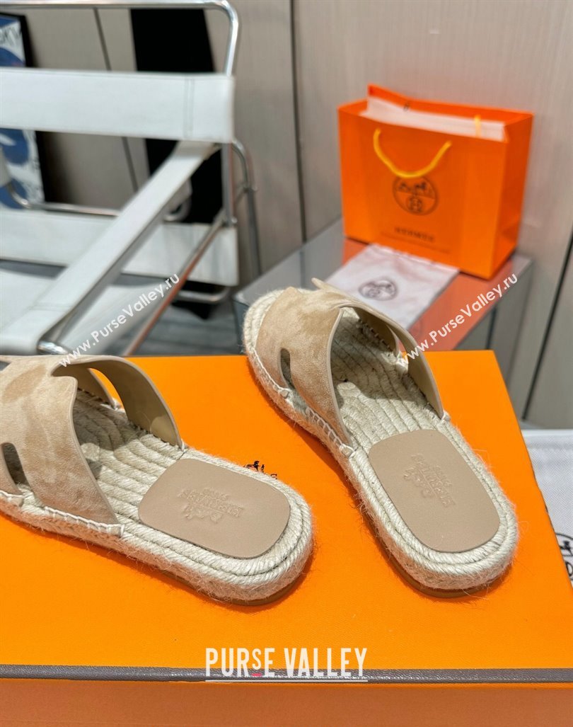 Hermes Izmir Espadrille Flat Slides Sandal in Suede Apricot 2024 0815 (MD-240815069)