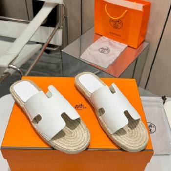 Hermes Izmir Espadrille Flat Slides Sandal in Smooth Calfskin White 2024 0815 (MD-240815070)