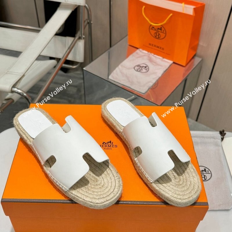 Hermes Izmir Espadrille Flat Slides Sandal in Smooth Calfskin White 2024 0815 (MD-240815070)