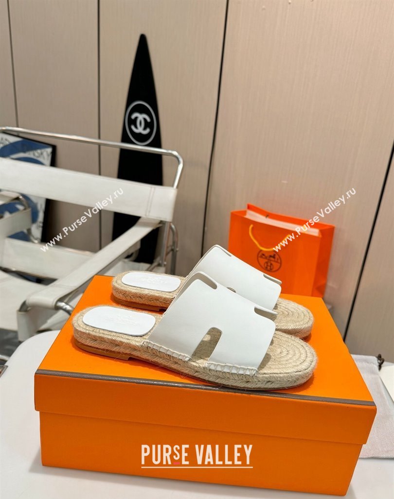 Hermes Izmir Espadrille Flat Slides Sandal in Smooth Calfskin White 2024 0815 (MD-240815070)