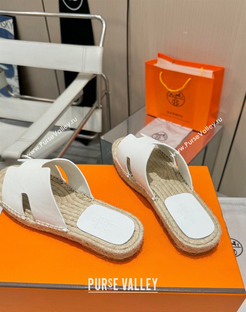 Hermes Izmir Espadrille Flat Slides Sandal in Smooth Calfskin White 2024 0815 (MD-240815070)