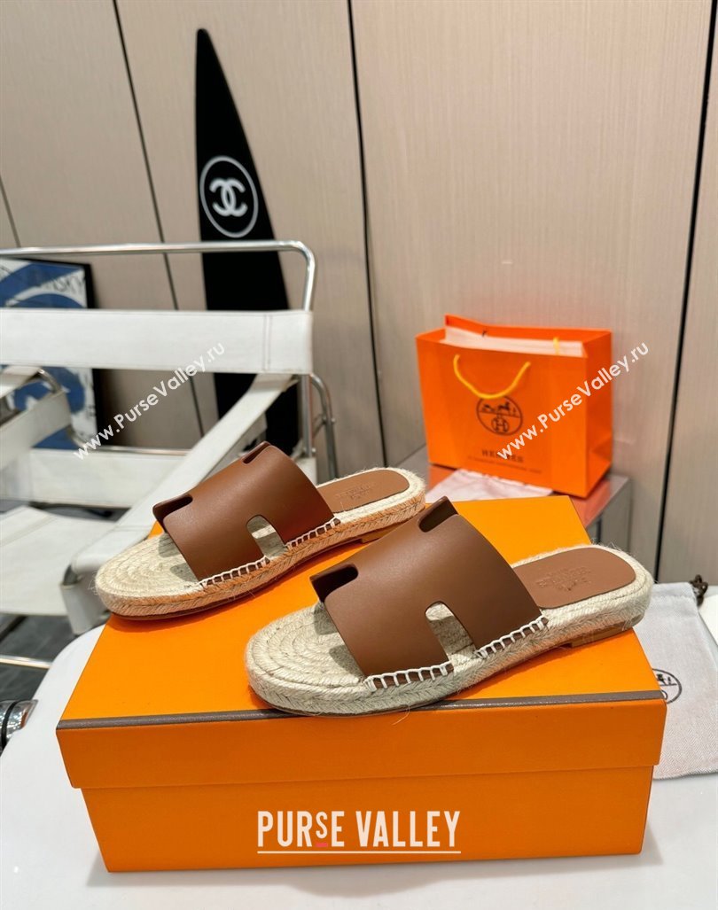 Hermes Izmir Espadrille Flat Slides Sandal in Smooth Calfskin Dark Brown 2024 0815 (MD-240815071)