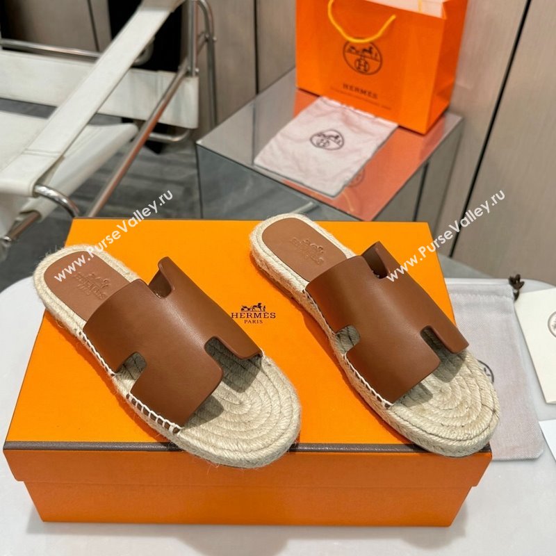 Hermes Izmir Espadrille Flat Slides Sandal in Smooth Calfskin Dark Brown 2024 0815 (MD-240815071)