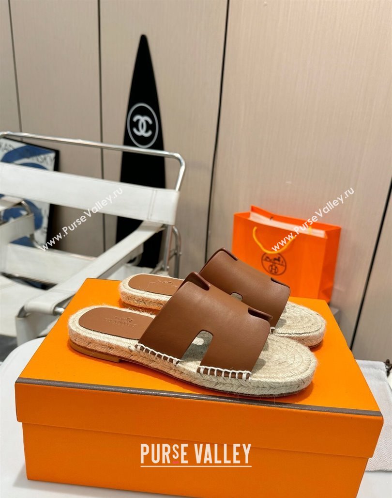 Hermes Izmir Espadrille Flat Slides Sandal in Smooth Calfskin Dark Brown 2024 0815 (MD-240815071)