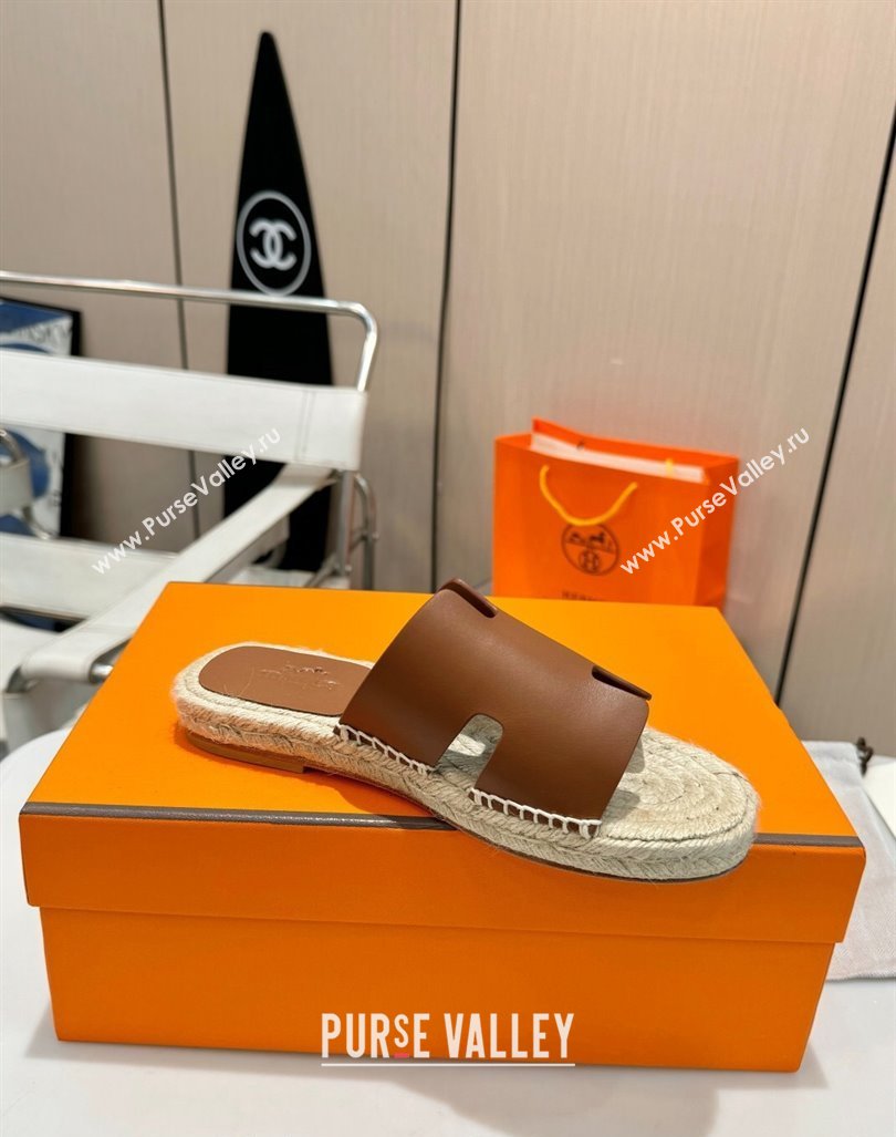 Hermes Izmir Espadrille Flat Slides Sandal in Smooth Calfskin Dark Brown 2024 0815 (MD-240815071)