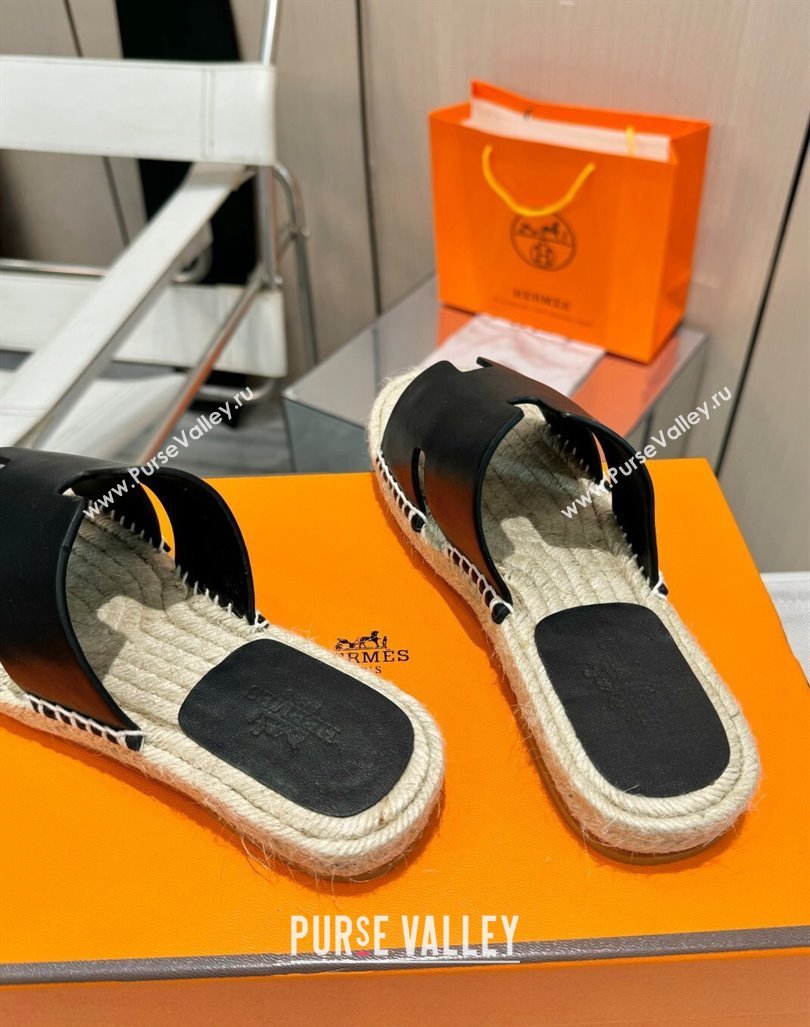 Hermes Izmir Espadrille Flat Slides Sandal in Smooth Calfskin Black 2024 0815 (MD-240815072)