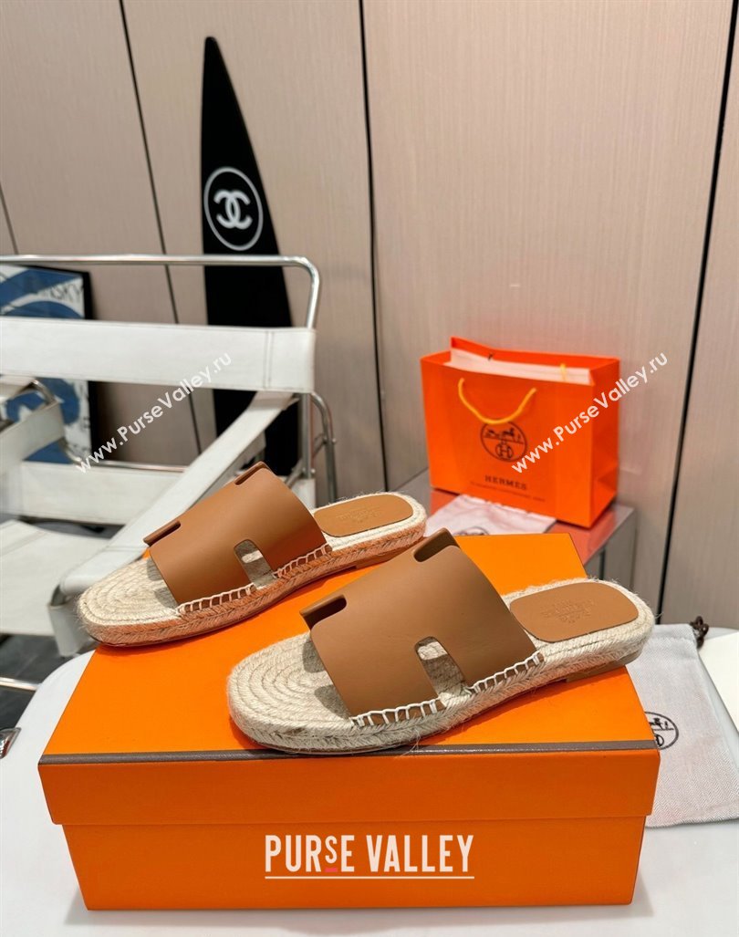 Hermes Izmir Espadrille Flat Slides Sandal in Smooth Calfskin Brown2 2024 0815 (MD-240815073)