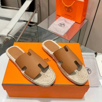 Hermes Izmir Espadrille Flat Slides Sandal in Smooth Calfskin Brown2 2024 0815 (MD-240815073)