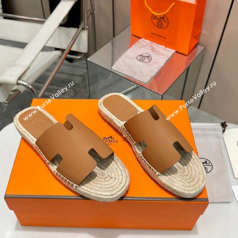 Hermes Izmir Espadrille Flat Slides Sandal in Smooth Calfskin Brown2 2024 0815 (MD-240815073)