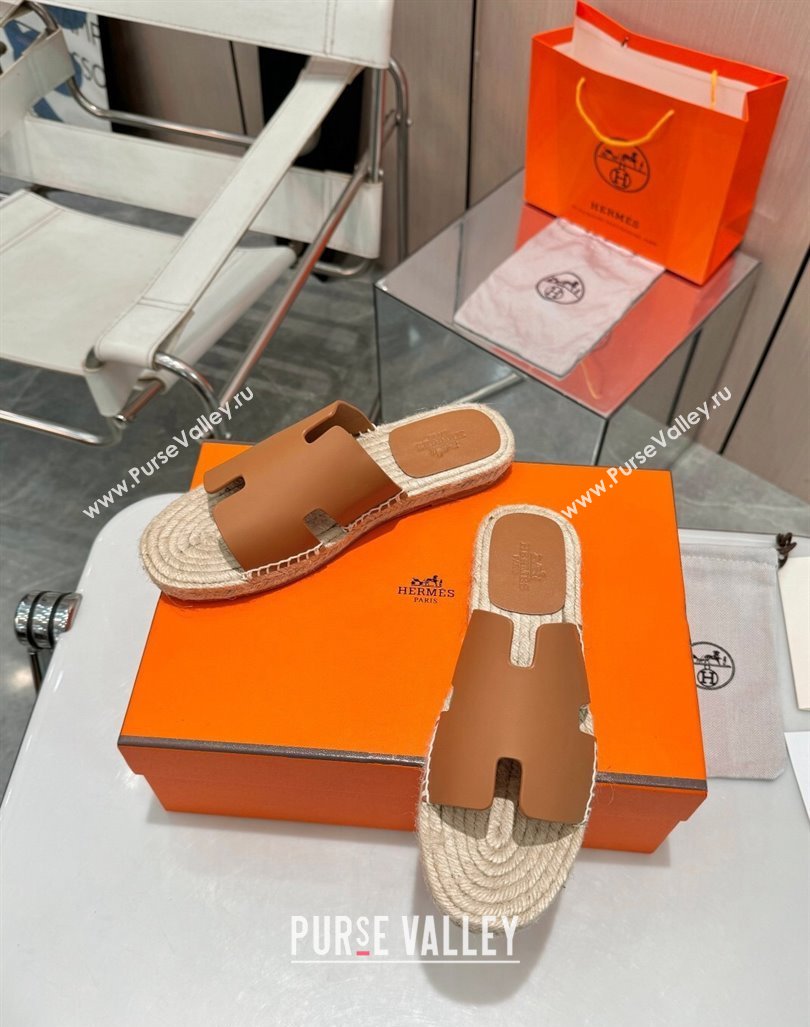 Hermes Izmir Espadrille Flat Slides Sandal in Smooth Calfskin Brown2 2024 0815 (MD-240815073)