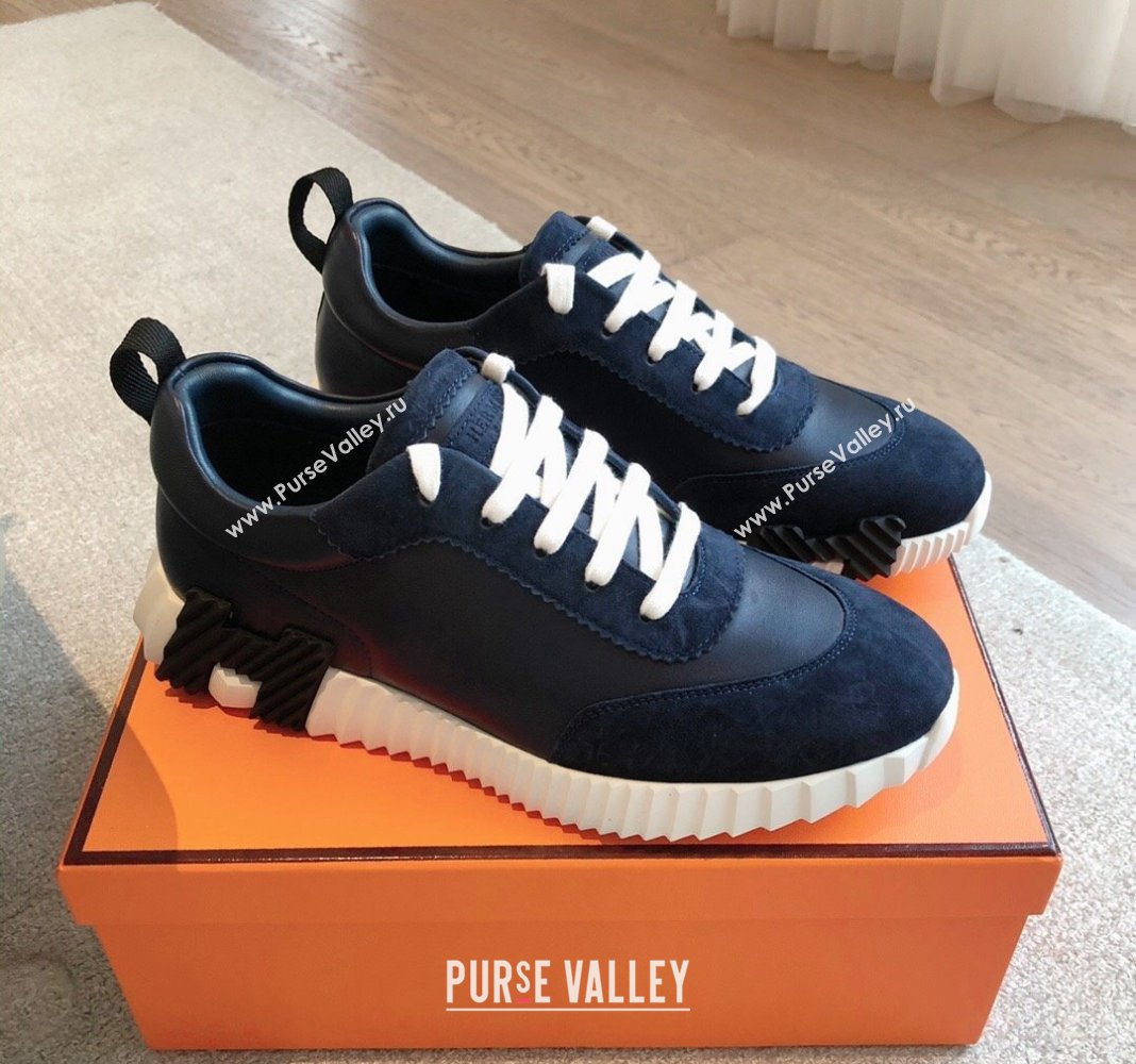 Hermes Bouncing Sneakers in Suede and Calfskin Dark Blue/Black 2024 0815 (XC-240815010)