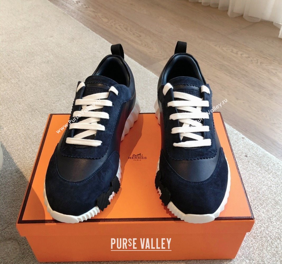 Hermes Bouncing Sneakers in Suede and Calfskin Dark Blue/Black 2024 0815 (XC-240815010)