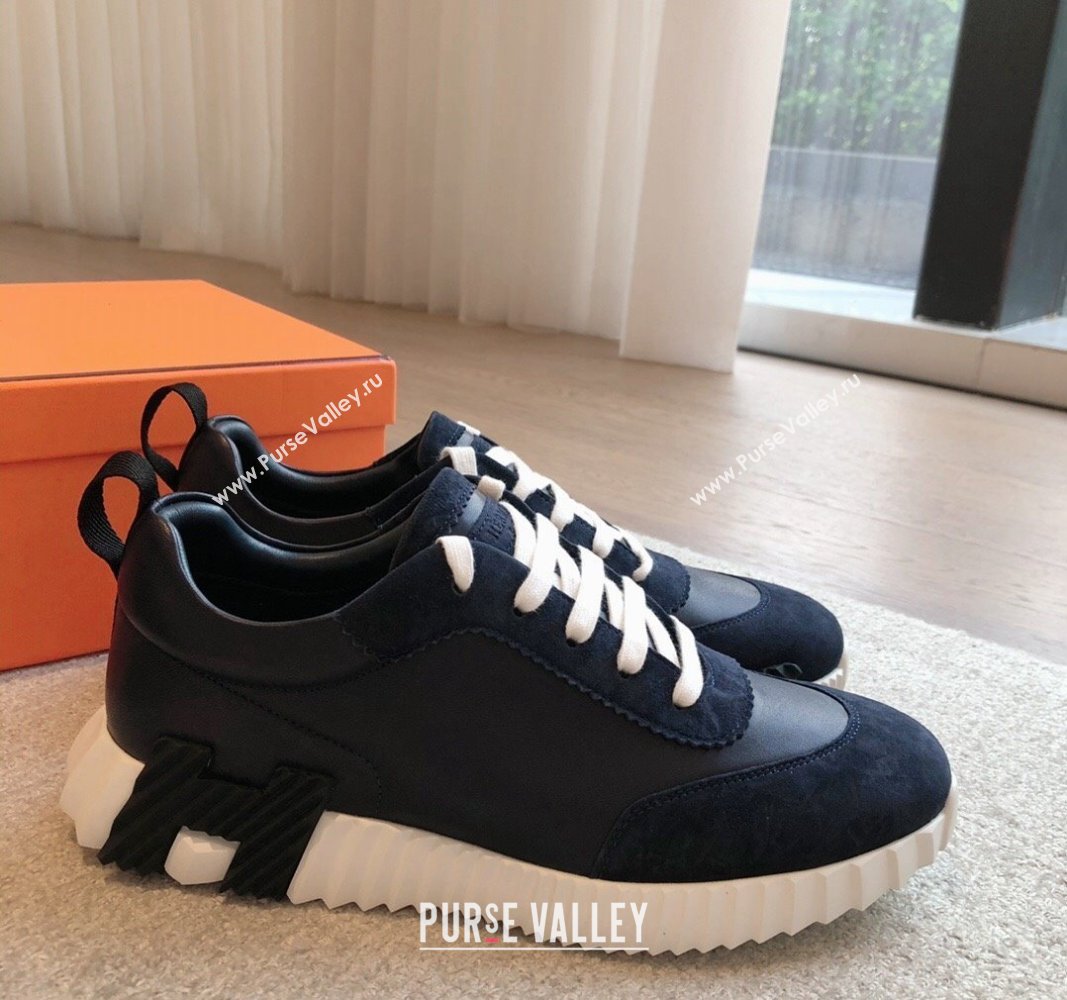 Hermes Bouncing Sneakers in Suede and Calfskin Dark Blue/Black 2024 0815 (XC-240815010)