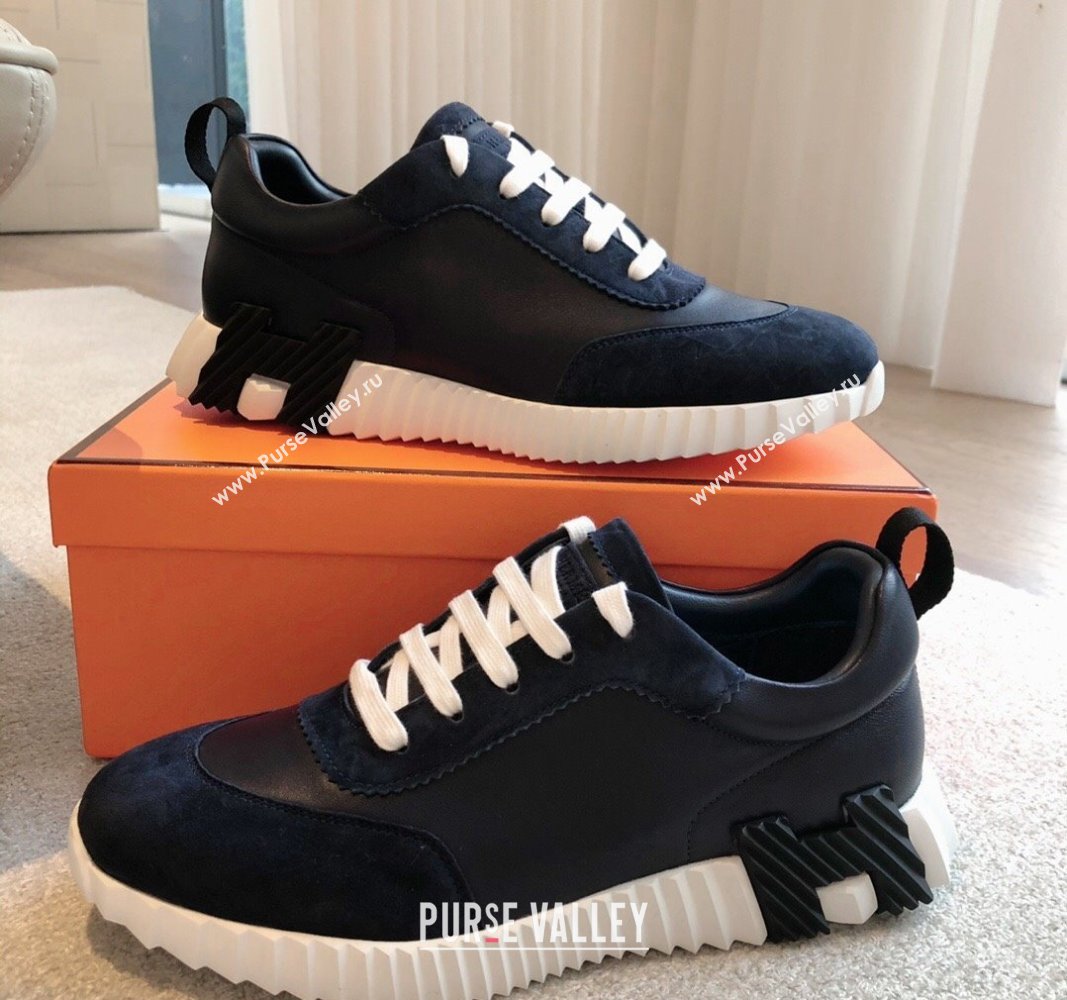 Hermes Bouncing Sneakers in Suede and Calfskin Dark Blue/Black 2024 0815 (XC-240815010)