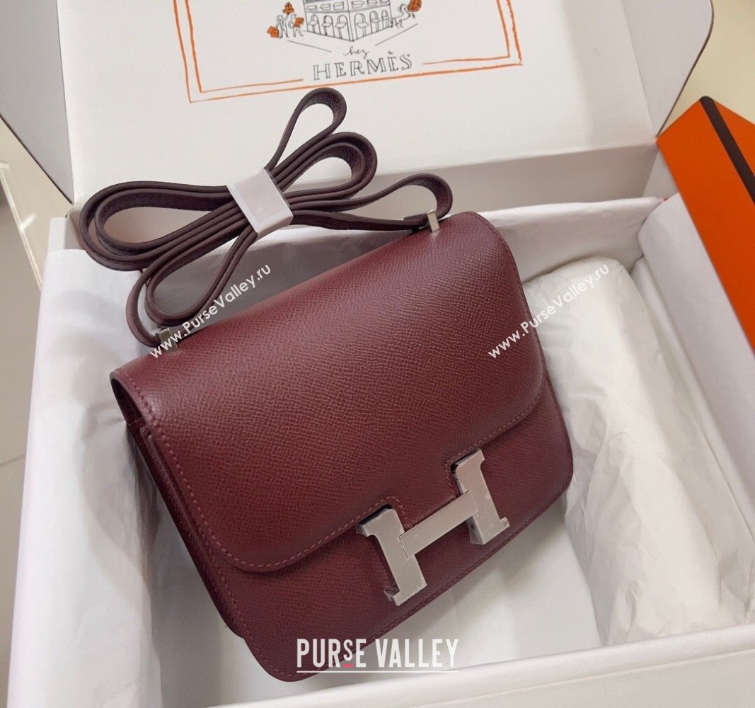 Hermes Constance Mini Bag 18cm in Epsom Palm-Grained Leather Bordeaux Red/Silver 2024 (Half Handmade) (FLI-240828077)