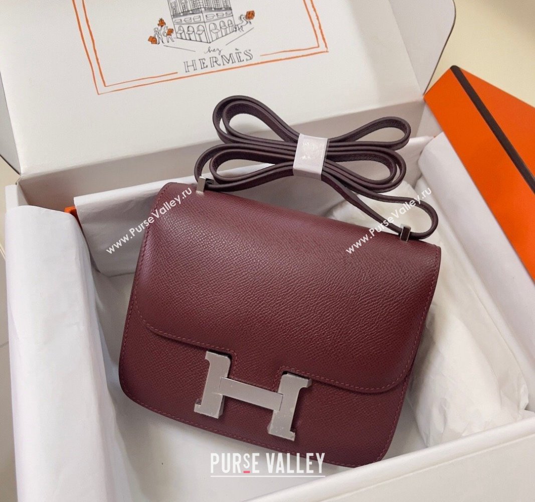 Hermes Constance Mini Bag 18cm in Epsom Palm-Grained Leather Bordeaux Red/Silver 2024 (Half Handmade) (FLI-240828077)