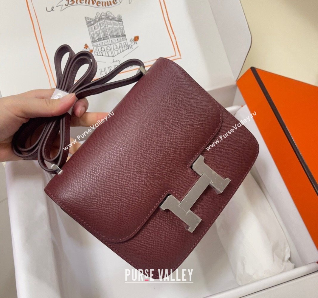 Hermes Constance Mini Bag 18cm in Epsom Palm-Grained Leather Bordeaux Red/Silver 2024 (Half Handmade) (FLI-240828077)