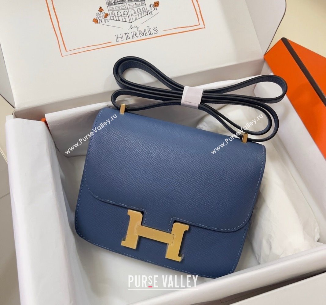 Hermes Constance Mini Bag 18cm in Epsom Palm-Grained Leather Agate Blue/Gold 2024 (Half Handmade) (FLI-240828088)