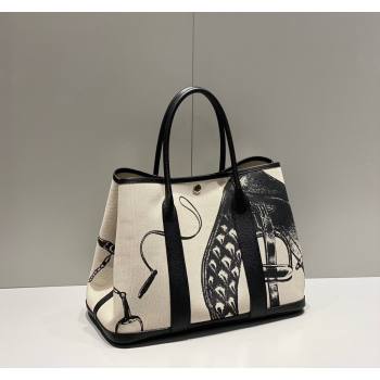 Hermes Garden Party Bag 30/36cm in Printed Canvas and Calfskin Black 01 2024 (Half Handmade) (FLI-240828109)