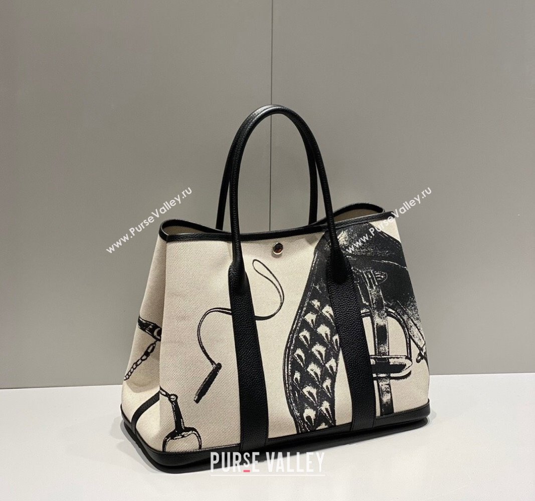 Hermes Garden Party Bag 30/36cm in Printed Canvas and Calfskin Black 01 2024 (Half Handmade) (FLI-240828109)