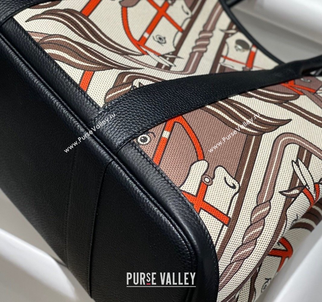 Hermes Garden Party Bag 30/36cm in Printed Canvas and Calfskin Black/Multi 04 2024 (Half Handmade) (FLI-240828112)