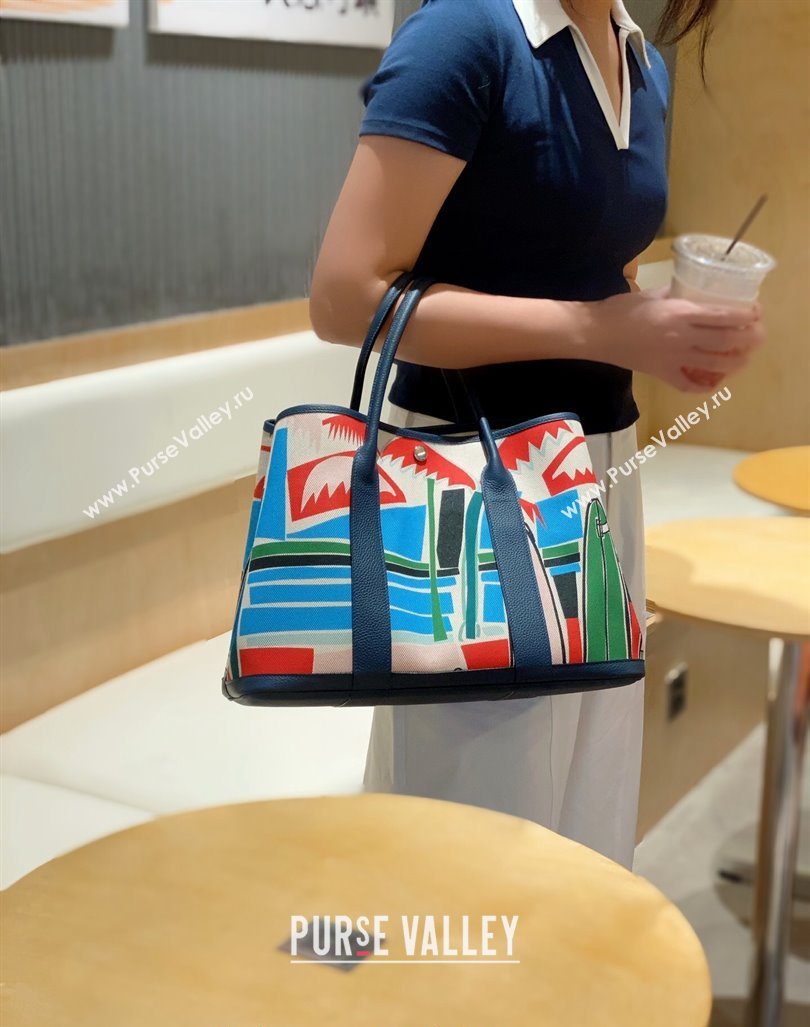 Hermes Garden Party Bag 30/36cm in Printed Canvas and Calfskin Dark Blue 2024 (Half Handmade) (FLI-240828115)