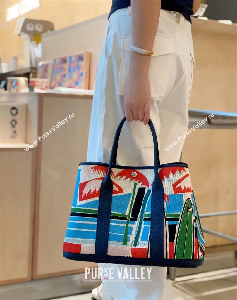 Hermes Garden Party Bag 30/36cm in Printed Canvas and Calfskin Dark Blue 2024 (Half Handmade) (FLI-240828115)