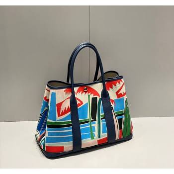 Hermes Garden Party Bag 30/36cm in Printed Canvas and Calfskin Dark Blue 2024 (Half Handmade) (FLI-240828115)