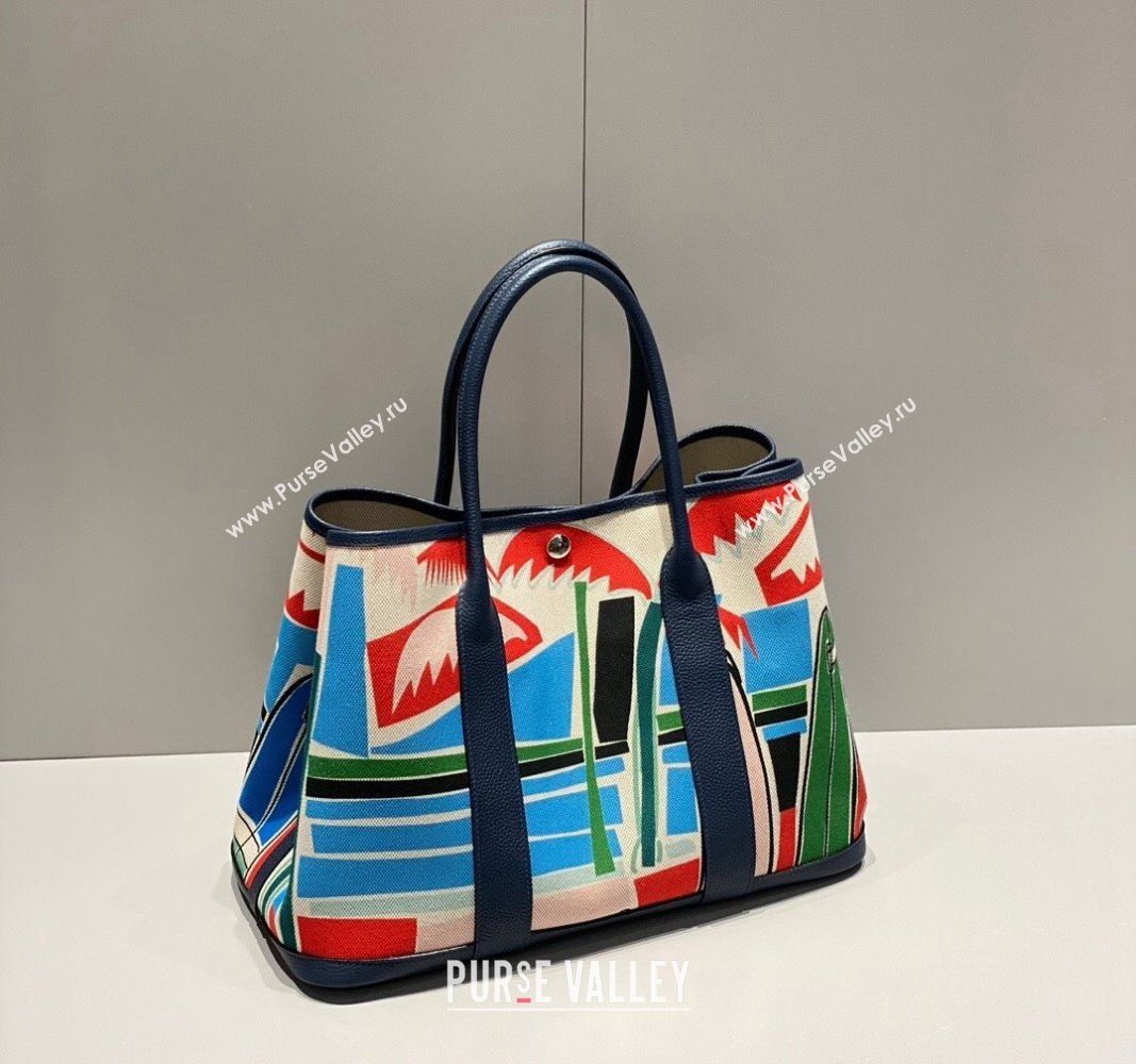 Hermes Garden Party Bag 30/36cm in Printed Canvas and Calfskin Dark Blue 2024 (Half Handmade) (FLI-240828115)