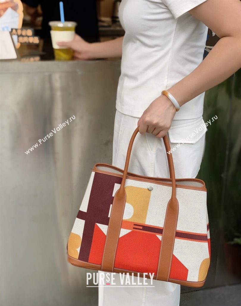 Hermes Garden Party Bag 30/36cm in Printed Canvas and Calfskin Light Brown 2024 (Half Handmade) (FLI-240828116)