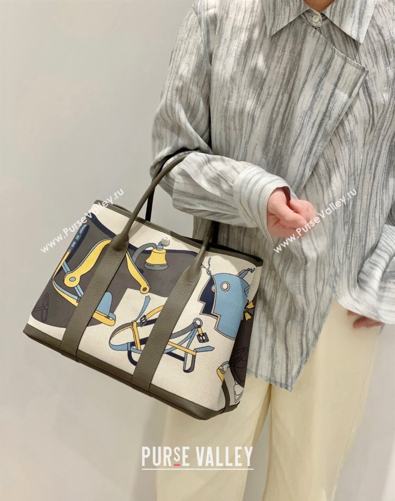 Hermes Garden Party Bag 30/36cm in Printed Canvas and Calfskin Etain Grey 2024 (Half Handmade) (FLI-240828117)