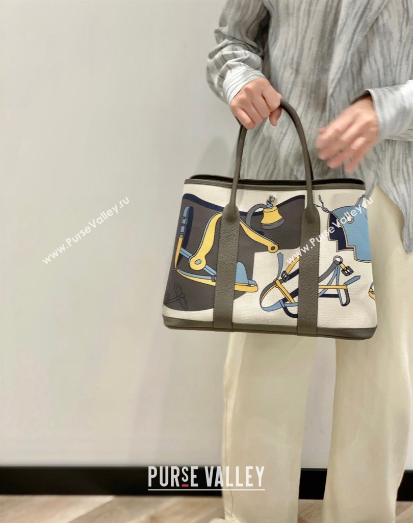 Hermes Garden Party Bag 30/36cm in Printed Canvas and Calfskin Etain Grey 2024 (Half Handmade) (FLI-240828117)