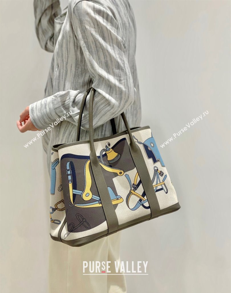 Hermes Garden Party Bag 30/36cm in Printed Canvas and Calfskin Etain Grey 2024 (Half Handmade) (FLI-240828117)