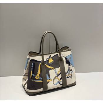 Hermes Garden Party Bag 30/36cm in Printed Canvas and Calfskin Etain Grey 2024 (Half Handmade) (FLI-240828117)