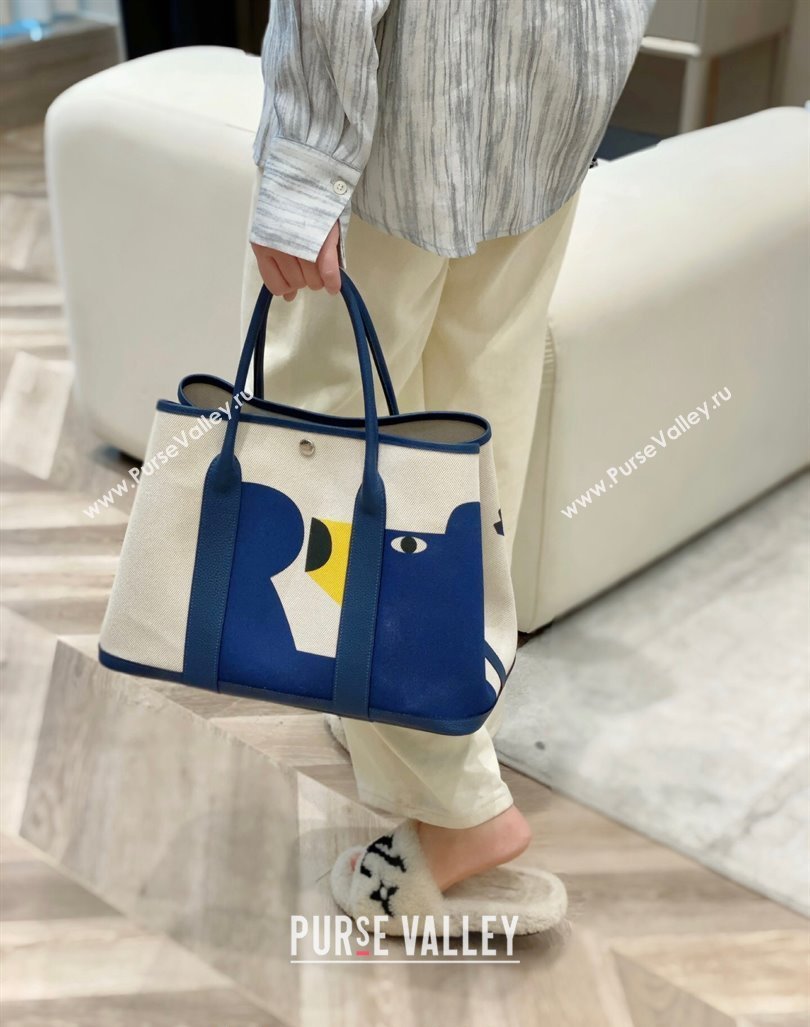 Hermes Garden Party Bag 30/36cm in Printed Canvas and Calfskin Blue Teddy Dog 2024 (Half Handmade) (FLI-240828118)