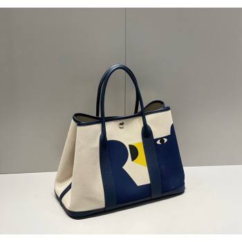 Hermes Garden Party Bag 30/36cm in Printed Canvas and Calfskin Blue Teddy Dog 2024 (Half Handmade) (FLI-240828118)