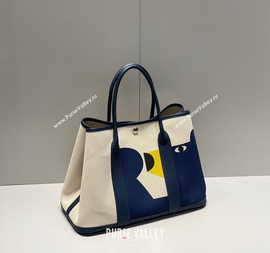 Hermes Garden Party Bag 30/36cm in Printed Canvas and Calfskin Blue Teddy Dog 2024 (Half Handmade) (FLI-240828118)