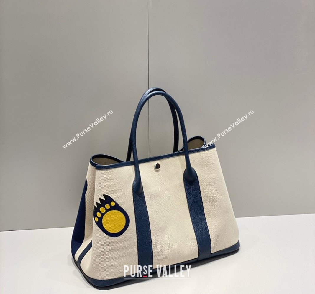 Hermes Garden Party Bag 30/36cm in Printed Canvas and Calfskin Blue Teddy Dog 2024 (Half Handmade) (FLI-240828118)