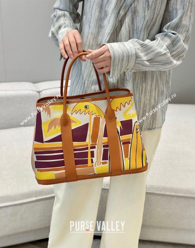 Hermes Garden Party Bag 30/36cm in Printed Canvas and Calfskin Brown/Yellow 2024 (Half Handmade) (FLI-240828119)