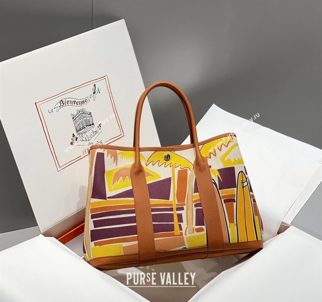 Hermes Garden Party Bag 30/36cm in Printed Canvas and Calfskin Brown/Yellow 2024 (Half Handmade) (FLI-240828119)